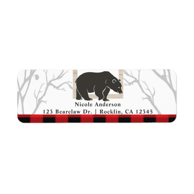 Rustic Bear & Red Plaid Woods Wedding Party Invite Label (Front)