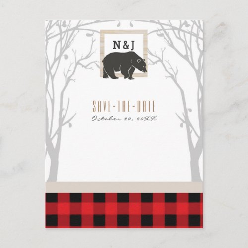 Rustic Bear Red Plaid Woods Wedding Save the Date Announcement Postcard