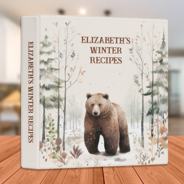 Rustic Bear Snow Winter Recipes Cookbook 3 Ring Binder (Bear in the snowy woods custom recipe/cookbook binder)