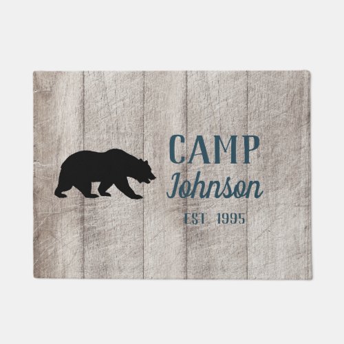 Rustic Bear With Gray Wood Family Name Doormat