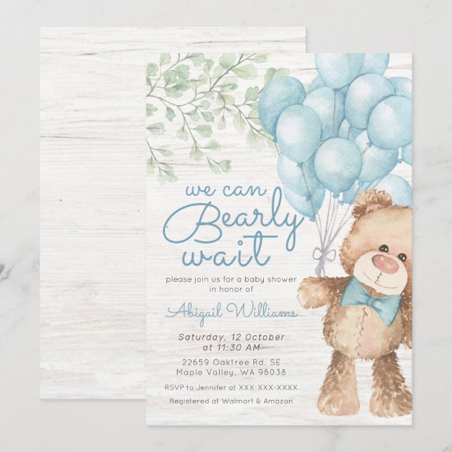 Rustic Bearly Wait Blue Bear Boy Baby Shower Invitation (Front/Back)