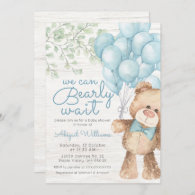 Rustic Bearly Wait Blue Bear Boy Baby Shower Invitation