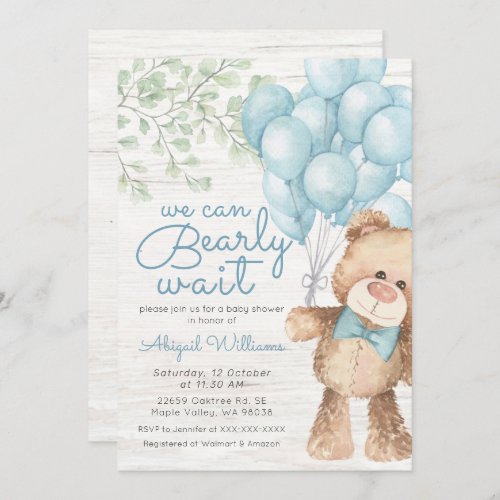 Rustic Bearly Wait Blue Bear Boy Baby Shower Invitation