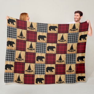 Rustic Bears Trees Wood Buffalo Check Red Black Fleece Blanket