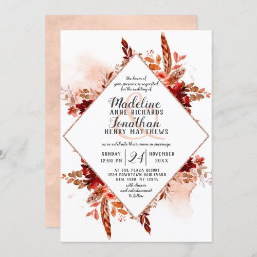 Rustic Beauty Boho Floral Diamond Frame Wedding Invitation