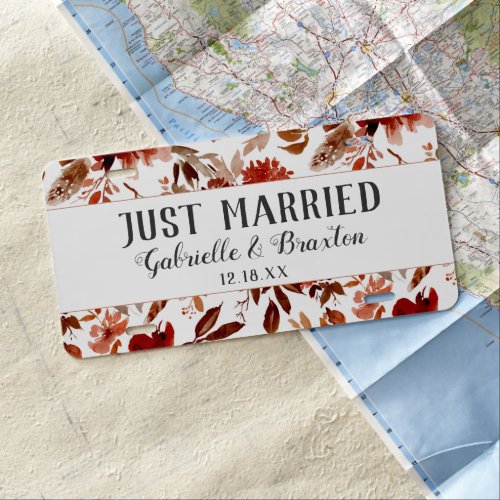 Rustic Beauty Floral Feather Wedding Just Married License Plate