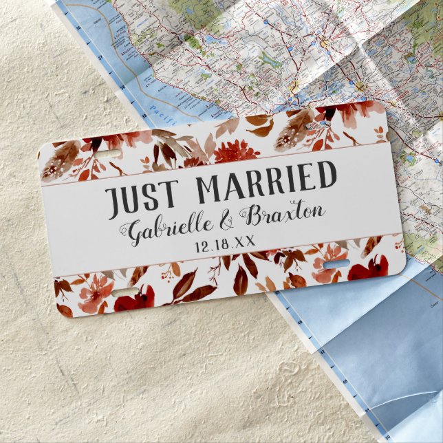 Rustic Beauty Floral Feather Wedding Just Married License Plate (In Situ)