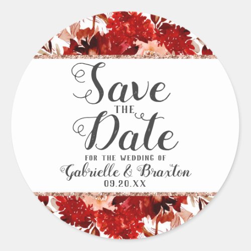 Rustic Beauty Floral Frame Rose Gold Save the Date Classic Round Sticker