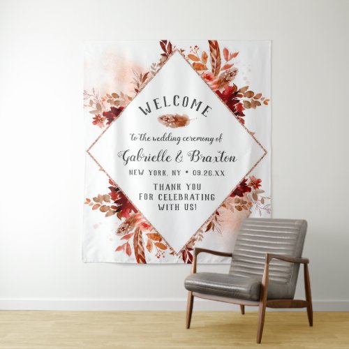 Rustic Beauty Floral Framed Autumn Wedding Welcome Tapestry