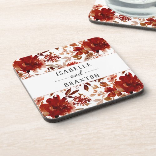 Rustic Beauty Floral Framed Fall Wedding Monogram Beverage Coaster