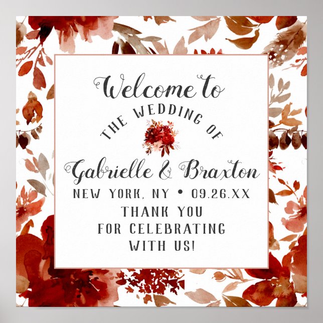 Rustic Beauty Floral Framed Wedding Welcome Sign (Front)