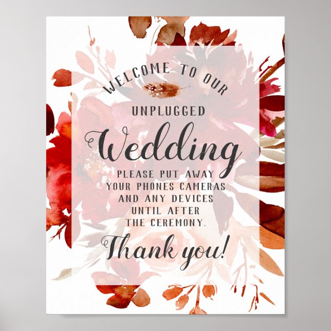 Rustic Beauty Floral Unplugged Wedding Table Sign (Front)