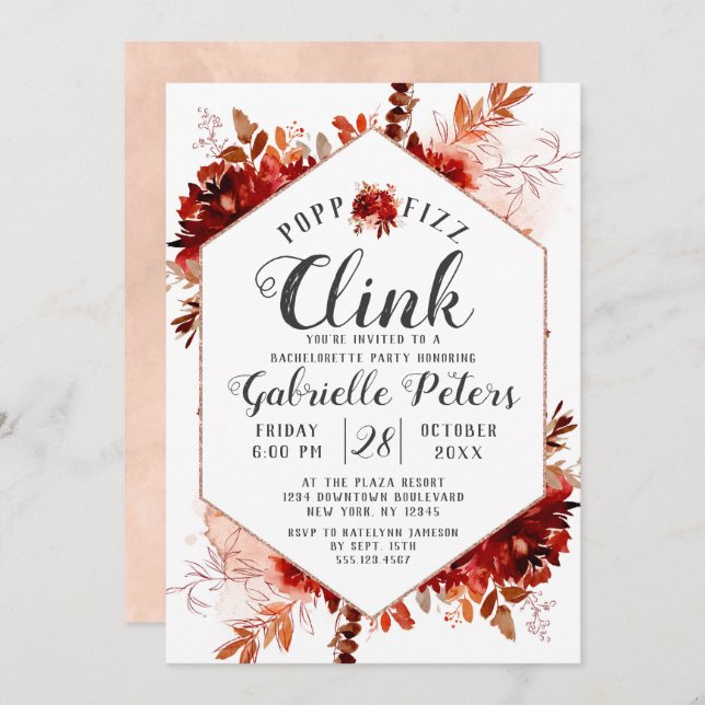 Rustic Beauty Pop Fizz Clink Bachelorette Party Invitation (Front/Back)