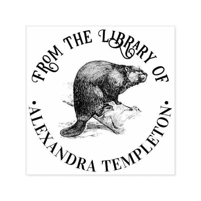 Rustic Beaver #3 Round Library Book Name Self-inking Stamp (Design)