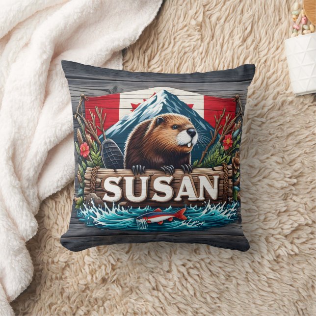 Rustic Beaver by Snowy Mountain Throw Pillow (Blanket)