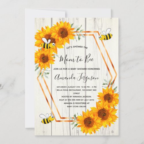 Rustic Bee Baby shower sunflowers white wood Invitation