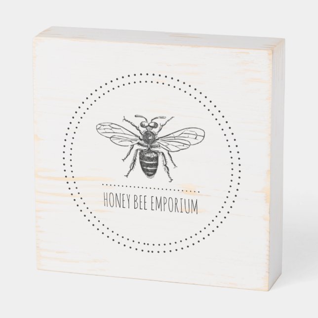 Rustic Bee Distressed White Business Wooden Box Sign (Angled Horizontal)