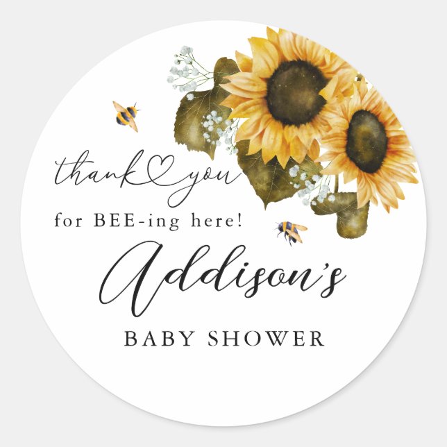 Rustic Bee Sunflower Baby Shower Favor Classic Round Sticker (Front)