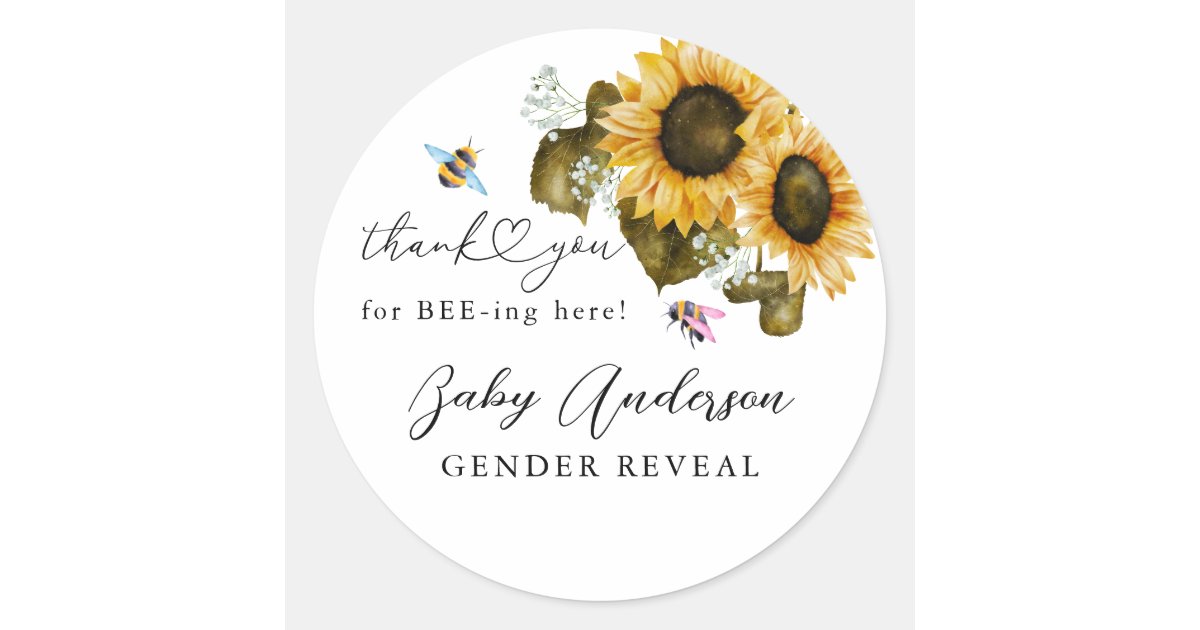 Rustic Bee Sunflower Gender Reveal Party Favor Classic Round Sticker ...