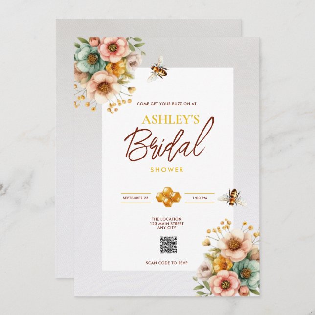Rustic Bee Theme QR Code Bridal Shower Invitation (Front/Back)
