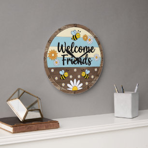 Rustic Bee Welcome Friends Large Clock