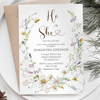 Rustic Bee Wildflower Gender Reveal Invitation by HappyPartyStudio at Zazzle