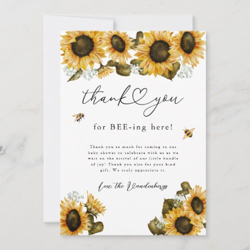 Rustic Bee Yellow Sunflowers Baby Shower Thank You Card