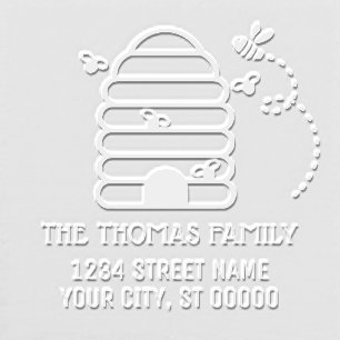 Rustic Beehive and Flying Bees Name Address Embosser