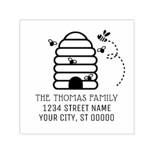 Rustic Beehive and Flying Bees Name Address Self-inking Stamp