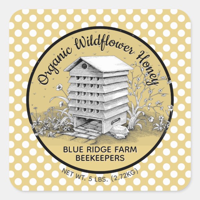 Rustic Beehive Gold Polka Dot Honey Jar Stickers (Front)