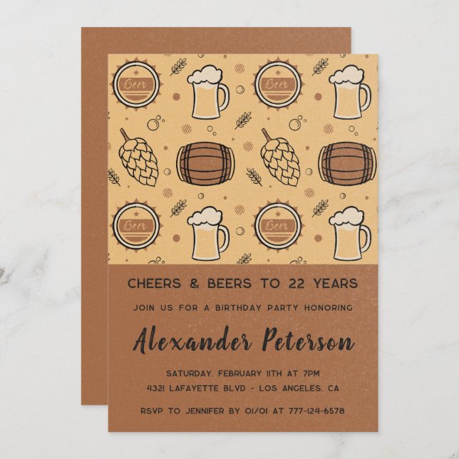 Rustic Beer 22nd birthday invitations Men  (Front/Back)
