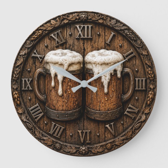Rustic Beer Mug Bar Decor Man Cave Gift Large Clock (Front)