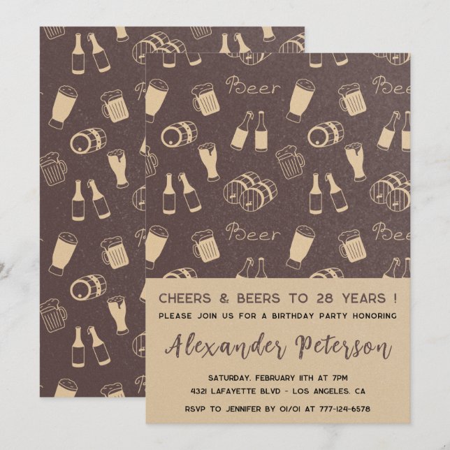 Rustic Beer Pattern 28th birthday invitations Men  (Front/Back)