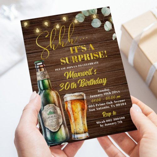 Rustic Beer Surprise Adult Birthday Party Invitation