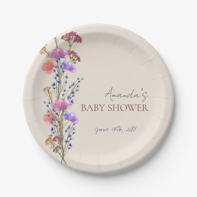 Rustic Beige Acrylic Floral Bouquet Baby Shower Paper Plates (Front)