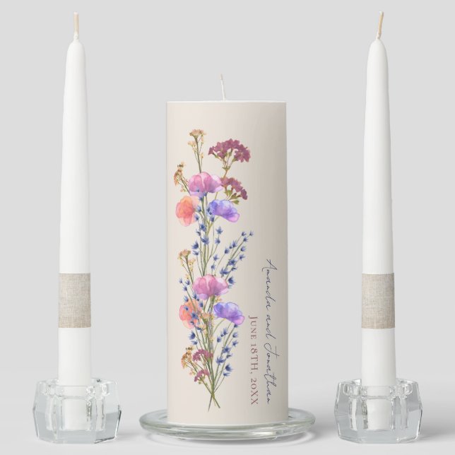 Rustic Beige Acrylic Floral Bouquet Wedding Unity Candle Set (Front)
