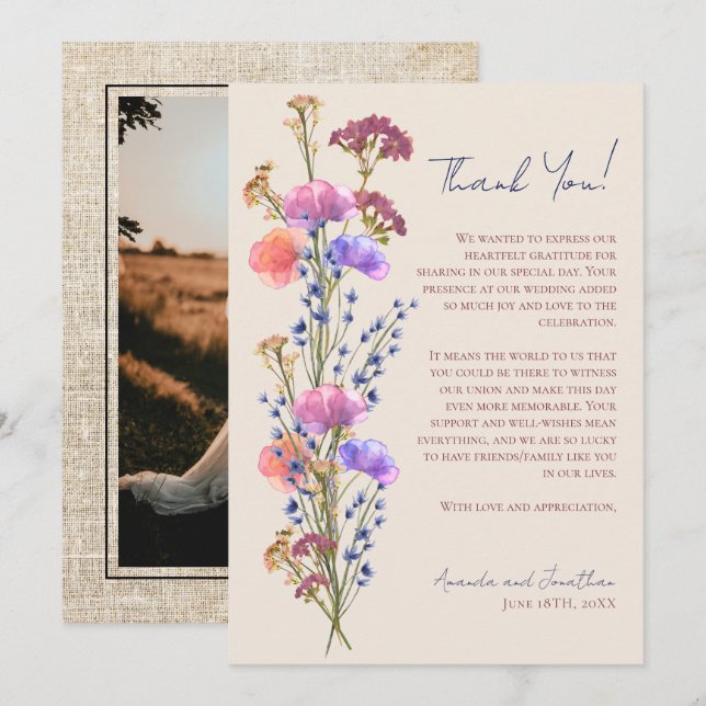 Rustic Beige Acrylic Floral Photo Thank You  Note Card (Front/Back)