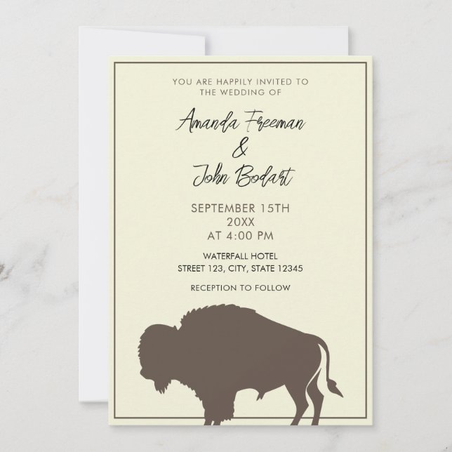 Rustic Beige and Brown Buffalo Bison Wedding Invitation (Front)