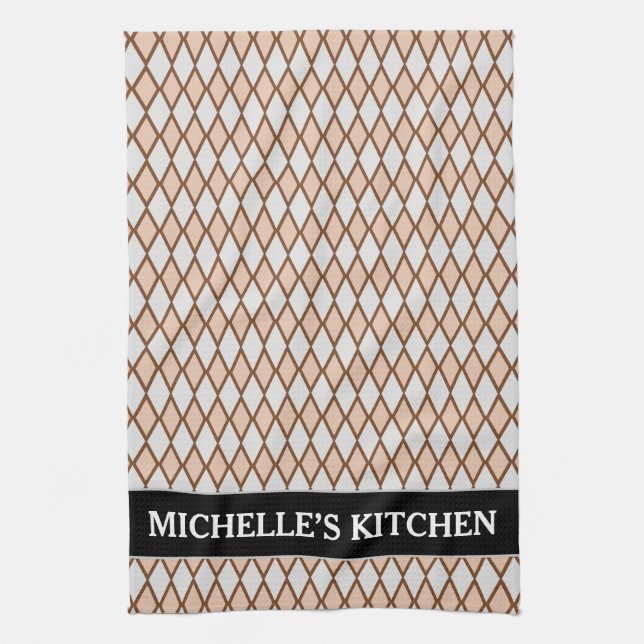 Rustic Beige and Gray Diamond Shape Pattern + Name Towel (Vertical)