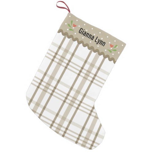 Rustic Beige and White Plaid Monogram Small Christmas Stocking