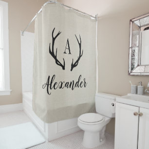 Rustic Beige Antler Monogram   Farmhouse Bathroom Shower Curtain