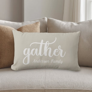 Rustic Beige Autumn Gathering Family Name Lumbar Pillow