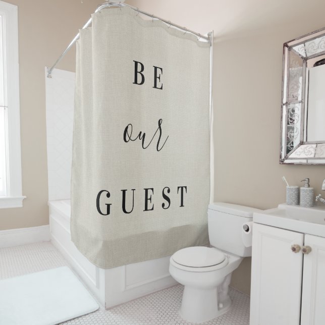 Rustic Beige Be Our Guest | Farmhouse Bathroom Shower Curtain (In Situ)