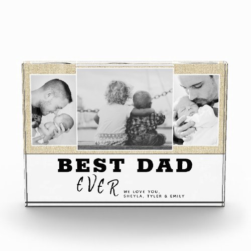 Rustic Beige Best Dad Father`s Day 3  Photo Block - Rustic Beige Best Dad Father`s Day 3 Photo Block. Beige rustic and white background with black trendy typography. Personalize with 3 favorite photos and your names in the sweet message. Black and white photos look great on this design. Change the text dad into daddy, pap or papa if you want. A perfect gift for a dad or a new dad on Father`s Day, birthday or Christmas. 