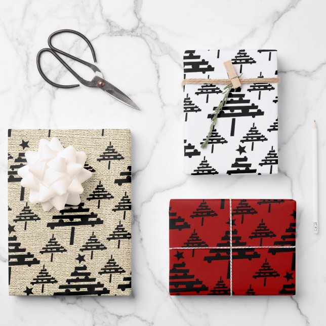 Rustic Beige Black Red Christmas Tree Pattern Wrapping Paper Sheets (Front)