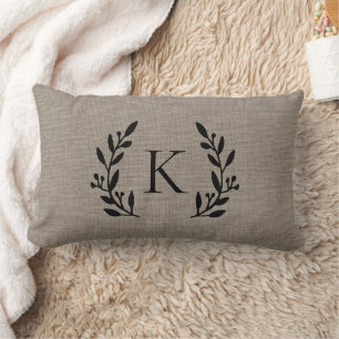 Rustic Beige Branch Monogram Modern Farmhouse Lumbar Pillow
