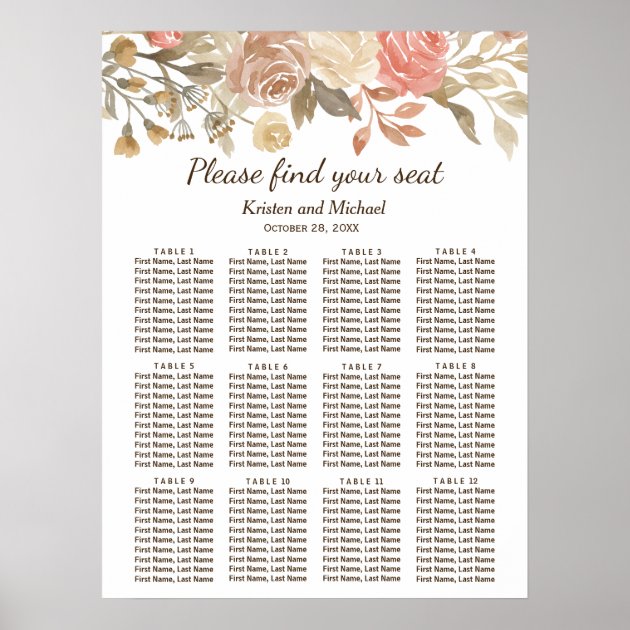 Rustic Beige Brown Floral Wedding Seating Chart