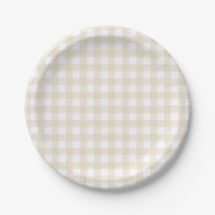 Rustic Beige Brown Gingham Matching Baby Shower Paper Plates