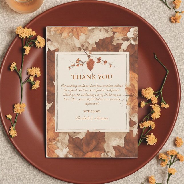 Rustic Beige Brown Maple Leaves Autumn Wedding Thank You Card (Creator Uploaded)