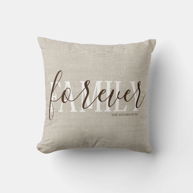 Rustic Beige Burlap Style Family Forever | Photo Throw Pillow (Front)